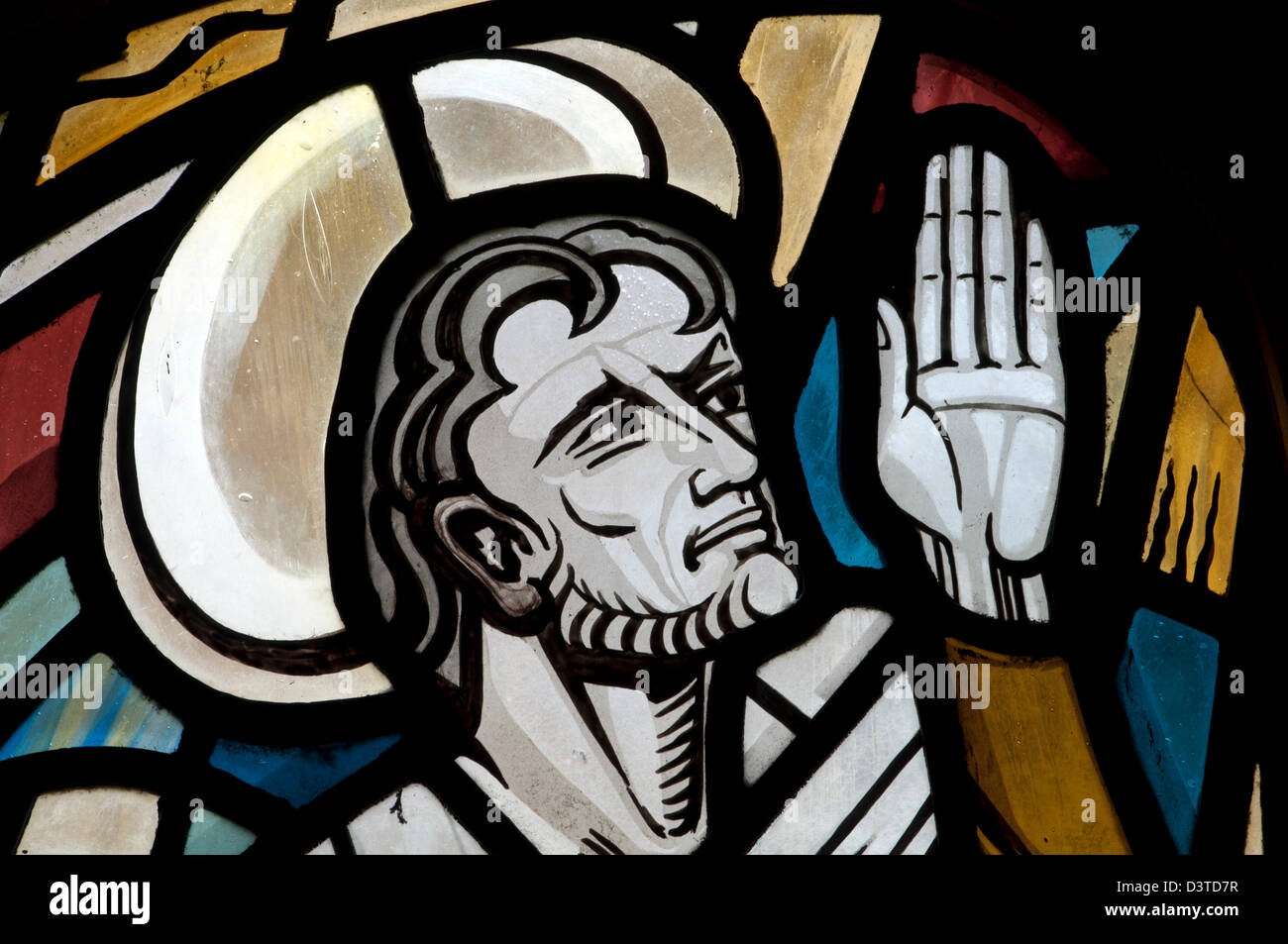 Christ stained glass, St. Andrew`s Church, Hazleton, Gloucestershire, England, UK Stock Photo